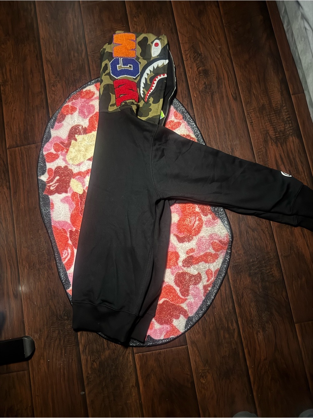 Bape Black Hoodie with Multicolor Shark Camo Hood